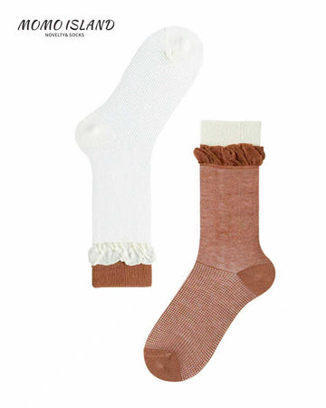 MoMo Island Women's Crew Socks: High - Comfort, Adorable Ruffled - Edge Socks in White and Brown