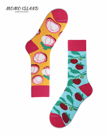 MoMo Island Unisex Socks Mangosteen & Lychee Motifs, Blue & Red Hues