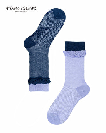 MoMo Island Cozy Women's Dress Socks: Ruffled Edges & Color - Block Patterns on Blue - Light Purple Bases