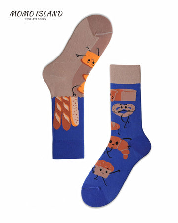 MoMo Island Soft & Comfortable Socks: Blue with Cute Bread Characters, Unisex Design