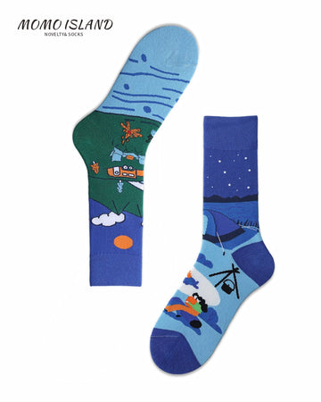 Cozy MoMo Island Unisex Socks – Blue Base, Detailed Camping & Vehicle Patterns