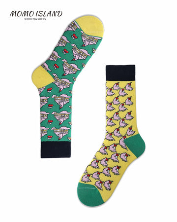 MoMo Island Cozy Unisex Socks Pink Birds & Red Cherries on Green and Yellow Bases