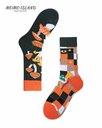 MoMo Island Soft Touch Unisex Socks: Dark Green with Colorful Mushroom & Checkerboard Patterns