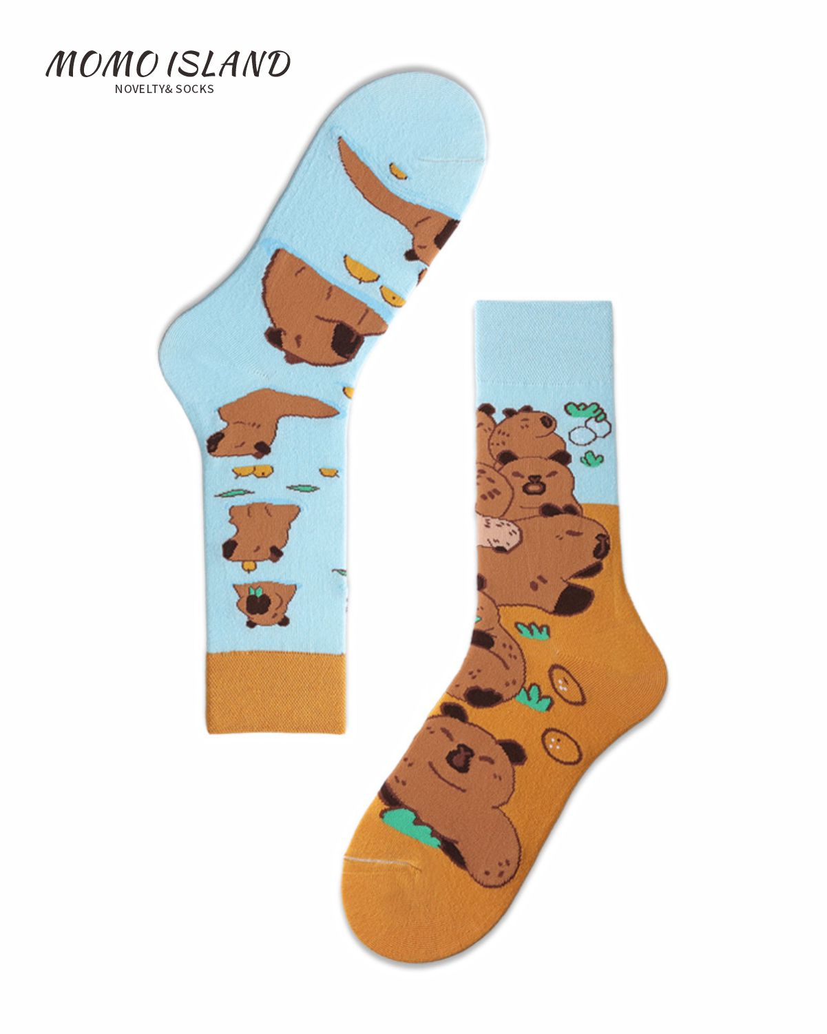 MoMo Island Comfort Focused Unisex Socks: Light Blue & Brown, Featuring Lovely Bear Patterns