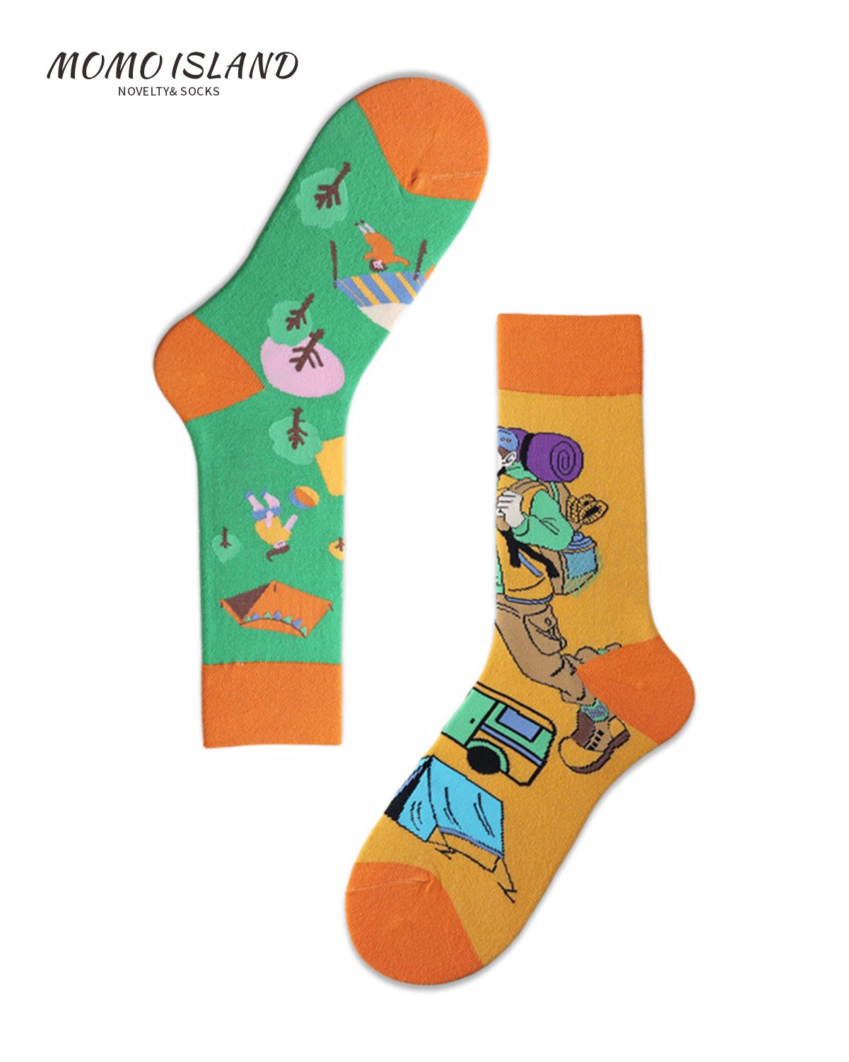 MoMo Island Cozy Unisex Socks: CampingThemed Designs on Green & Orange Bases