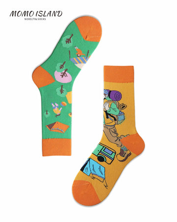 MoMo Island Cozy Unisex Socks: CampingThemed Designs on Green & Orange Bases