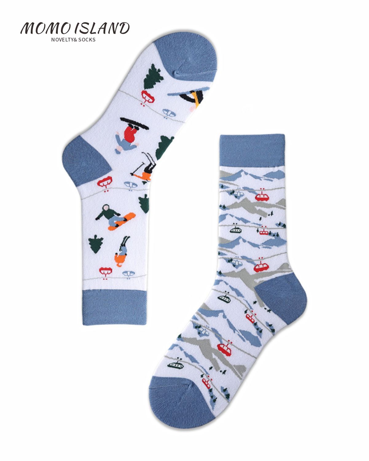 MoMo Island Unisex Socks – Skiers & Cable Car Motifs, White & Blue Hues