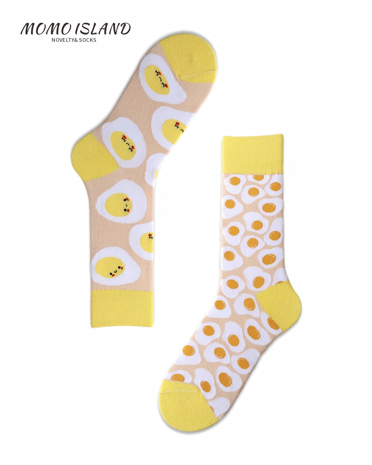 MoMo Island Comfort Focused Unisex Socks: Beige & Yellow, Featuring Cute Fried Egg Patterns