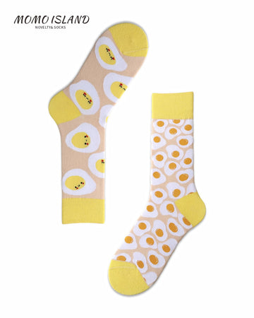 MoMo Island Comfort Focused Unisex Socks: Beige & Yellow, Featuring Cute Fried Egg Patterns