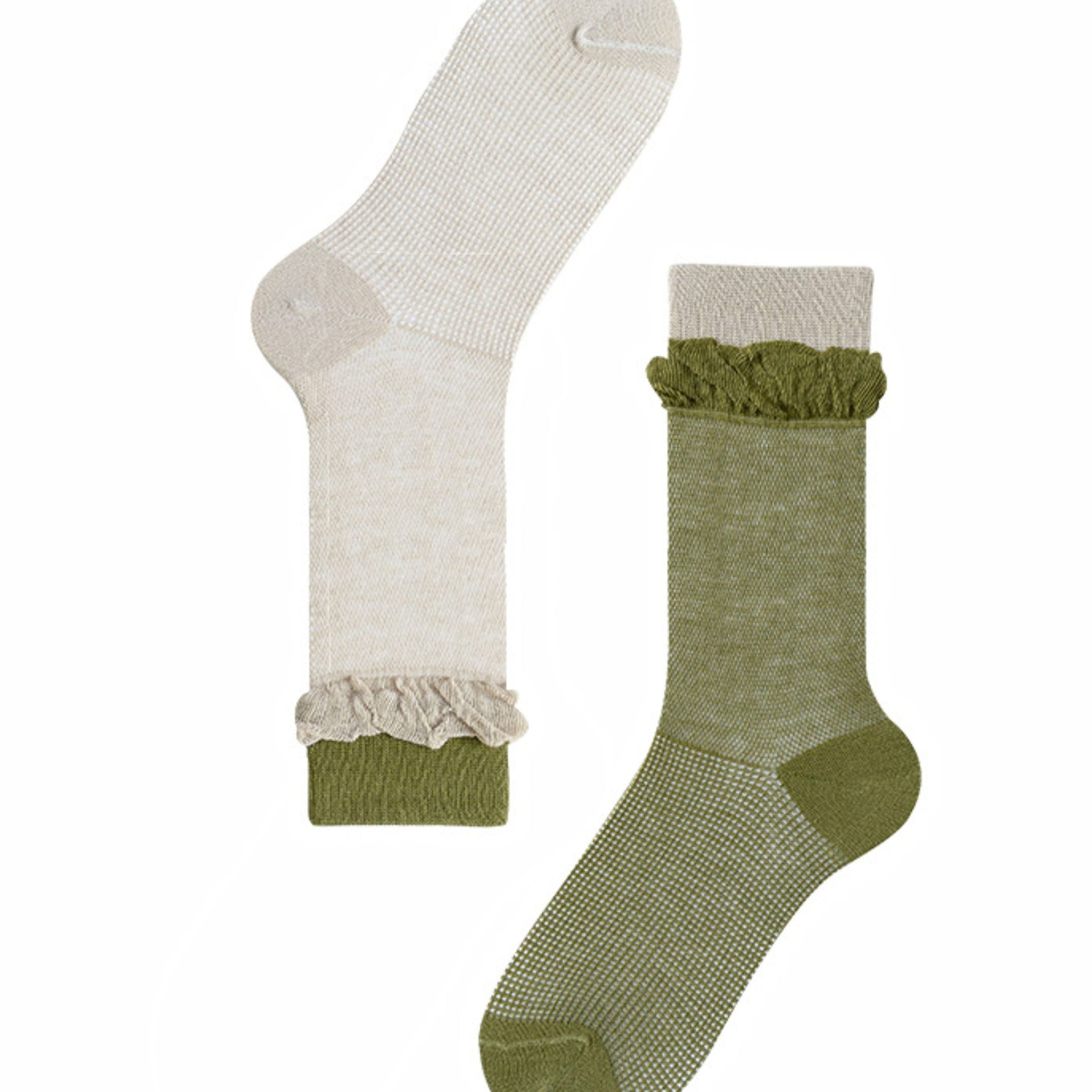 MoMo Island Comfort - Focused Women's Mid - Calf Socks: White and Olive Green, Featuring Adorable Ruffle Details