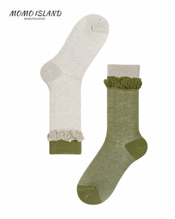 MoMo Island Comfort - Focused Women's Mid - Calf Socks: White and Olive Green, Featuring Adorable Ruffle Details