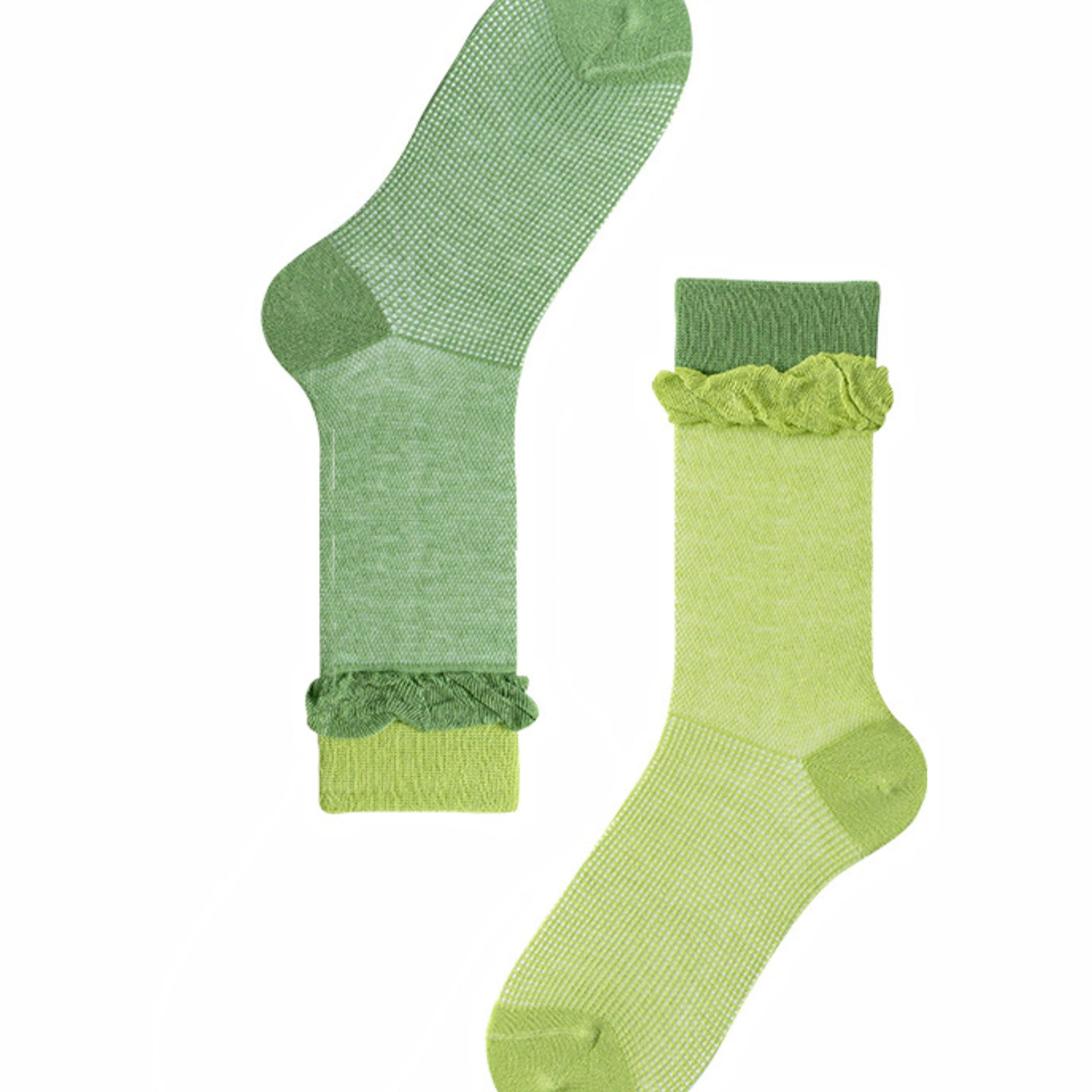 MoMo Island Comfort - Focused Women's Mid - Calf Socks: Green Shades, Featuring Lovely Ruffle & Color - Block Designs