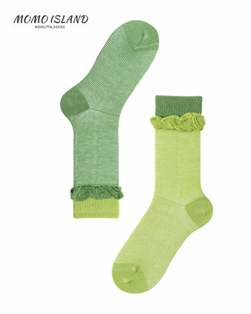 MoMo Island Comfort - Focused Women's Mid - Calf Socks: Green Shades, Featuring Lovely Ruffle & Color - Block Designs