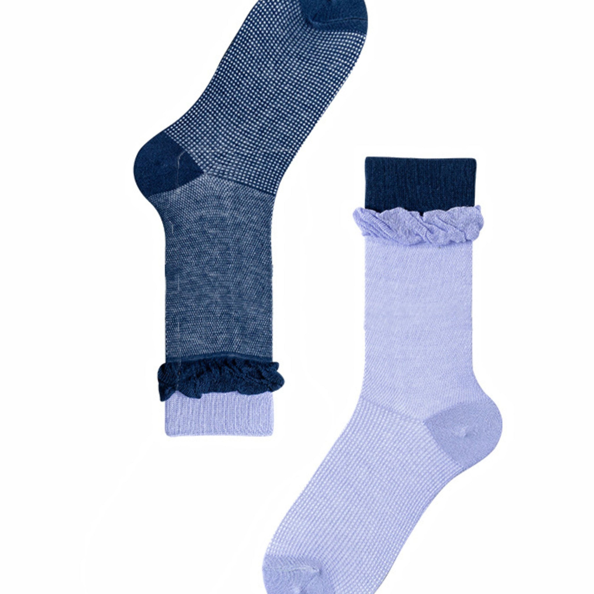 MoMo Island Cozy Women's Dress Socks: Ruffled Edges & Color - Block Patterns on Blue - Light Purple Bases