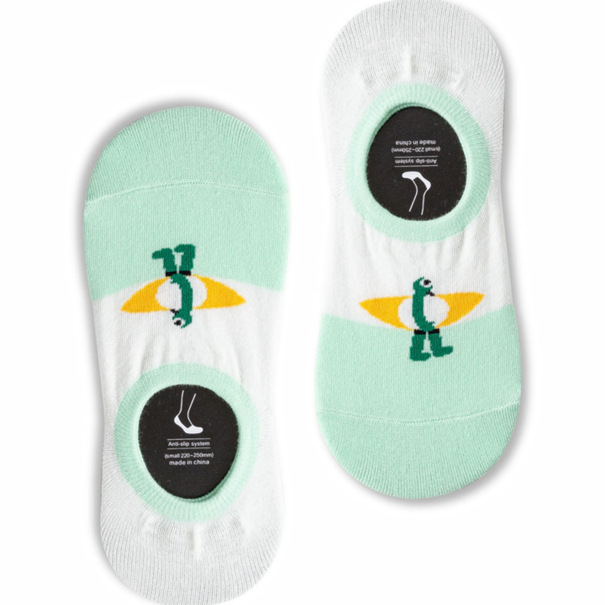 MoMo Island Women's Invisible Socks – Cartoon Character Motifs, White & Light Green Hues