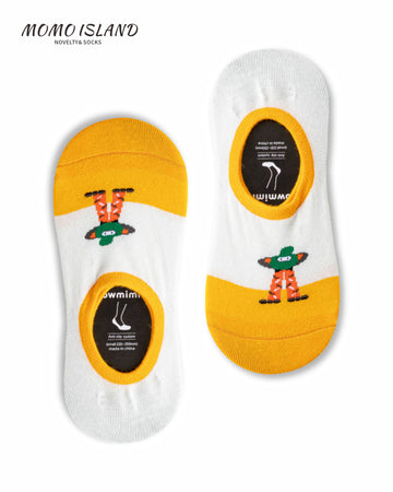 MoMo Island Women's Invisible Socks – Cartoon Figure Motifs, White & Yellow Hues