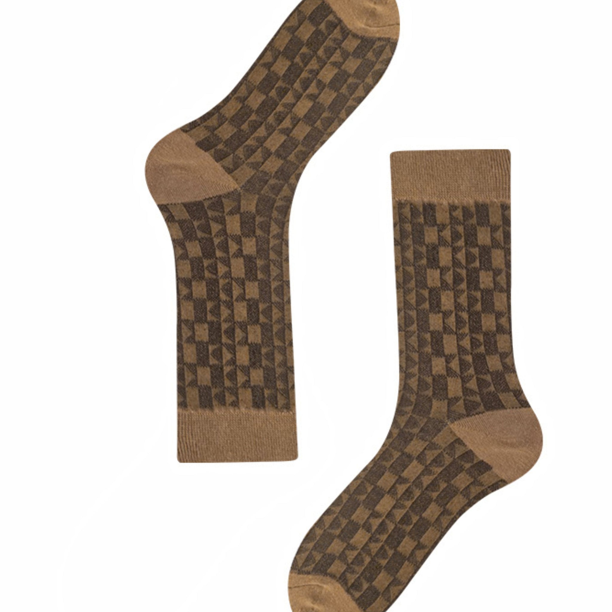 MoMo Island Cozy Women's Dress Socks: Elegant Checkered Patterns on Brown Bases