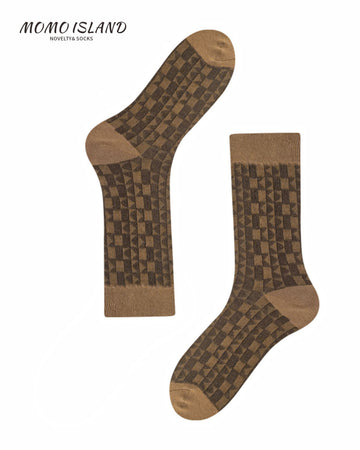 MoMo Island Cozy Women's Dress Socks: Elegant Checkered Patterns on Brown Bases