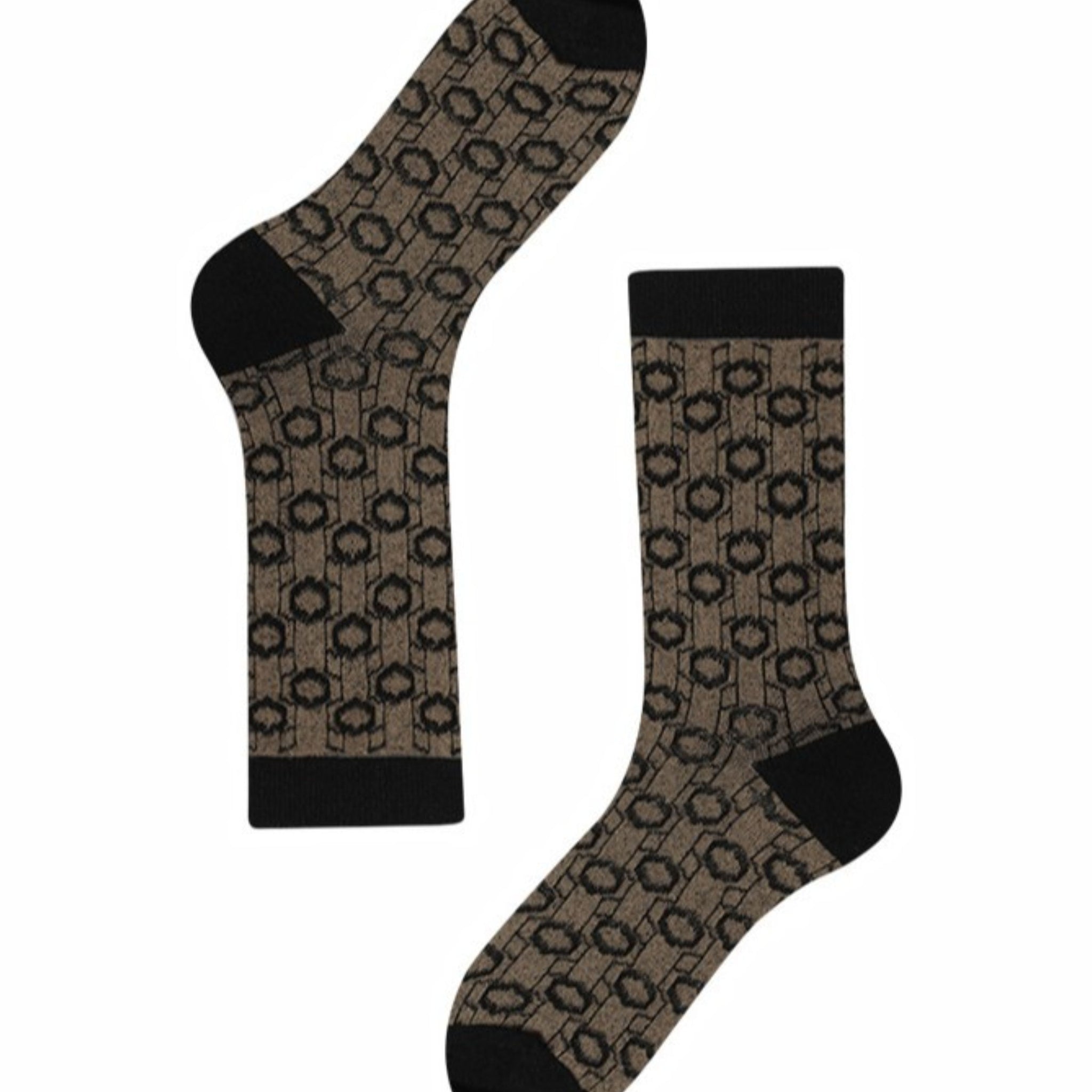 MoMo Island Women's Mid - Calf Socks – Stylish Geometric Ring Design in Brown and Black Hues