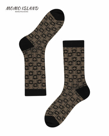 MoMo Island Women's Mid - Calf Socks – Stylish Geometric Ring Design in Brown and Black Hues