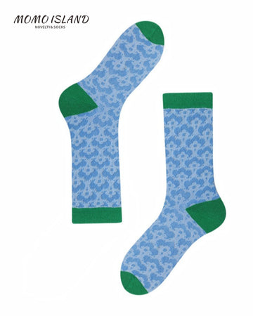 MoMo Island Cozy Women's Dress Socks: Elegant Leopard like Prints on Light Blue Bases with Green Trim