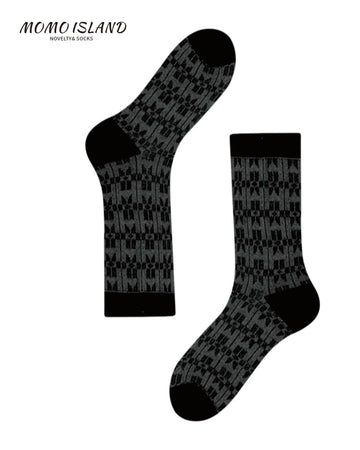 MoMo Island Cozy Women's Dress Socks: Elegant Geometric Patterns on Black - Grey Bases