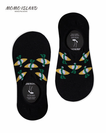MoMo Island Men's Black No - Show Socks with Colorful Cartoon Bird Patterns