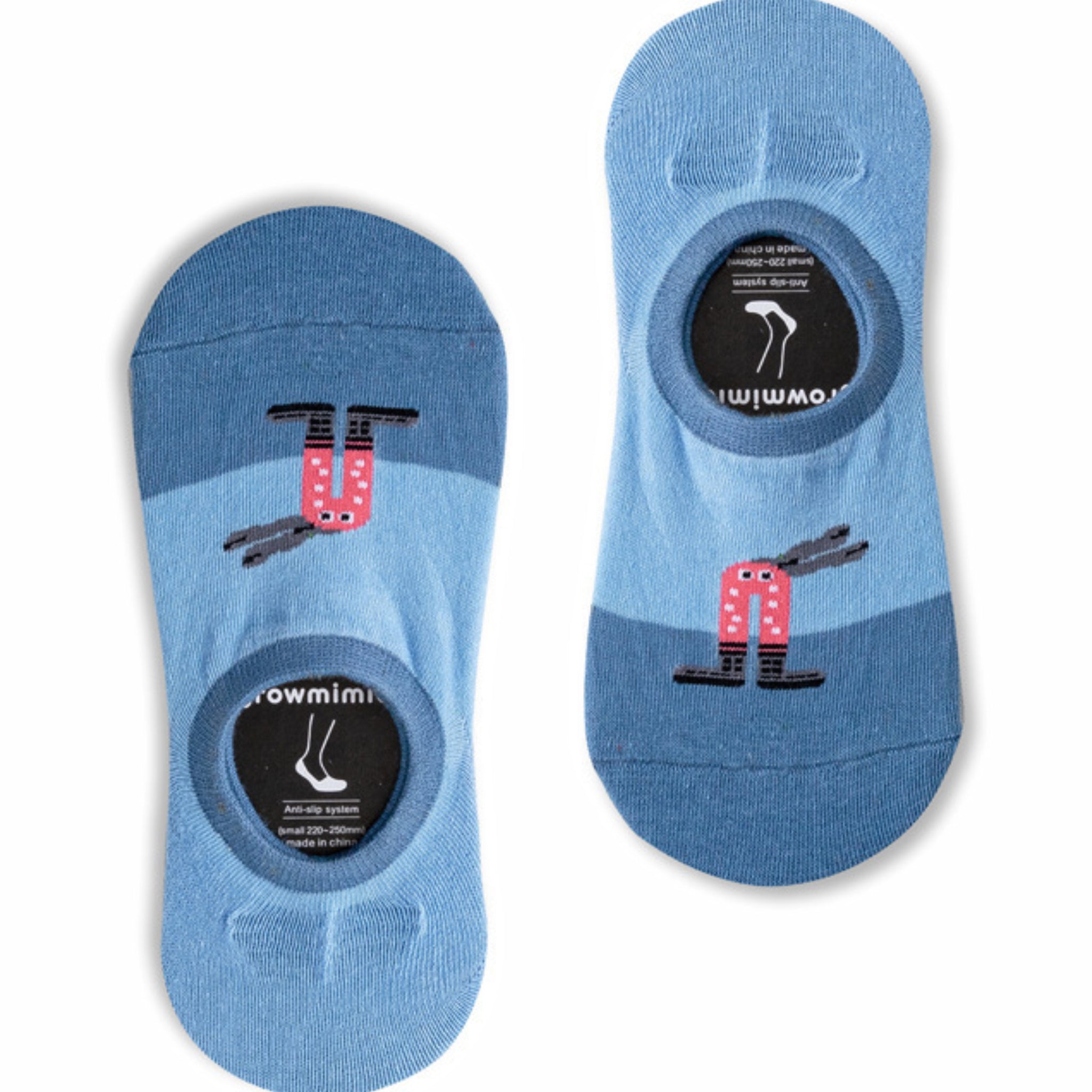 MoMo Island Anti - Slip Blue Invisible Socks Featuring Adorable Pink Cartoon Figures