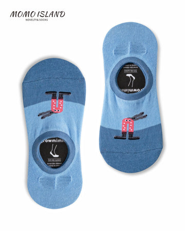 MoMo Island Anti - Slip Blue Invisible Socks Featuring Adorable Pink Cartoon Figures