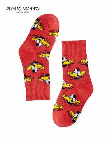MoMo island Kids' Soft Cartoon Puppy & Banana Printed Red Crew Socks