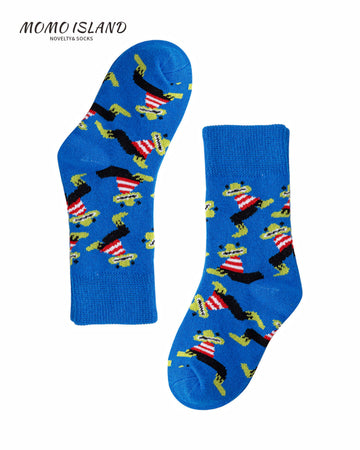 MoMo Island Kids' Comfy Cartoon Crocodile Printed Blue Crew Socks