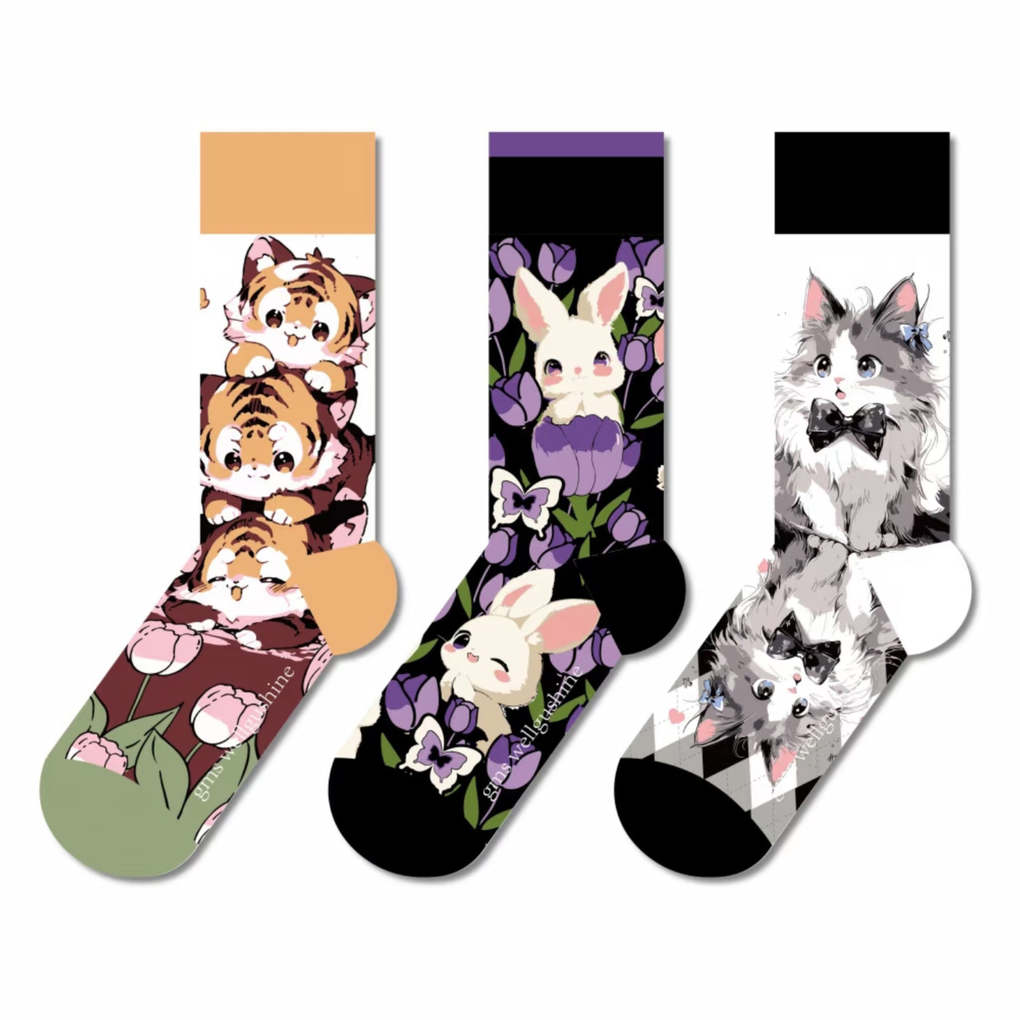 Mo Island 3-Pack Unisex Socks Set with Adorable Tiger, Bunny and Cat Patterns, Colorful & Comfortable Novelty Socks