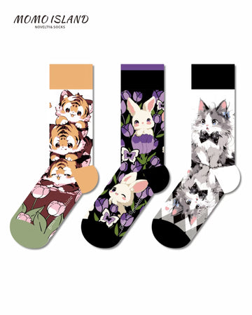 Mo Island 3-Pack Unisex Socks Set with Adorable Tiger, Bunny and Cat Patterns, Colorful & Comfortable Novelty Socks