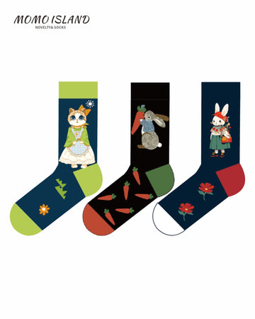 MoMo Island 3-Pack Unisex Socks Set, Cute Cat & Rabbit Patterns, Color-Blocked Design, Comfortable Novelty Socks