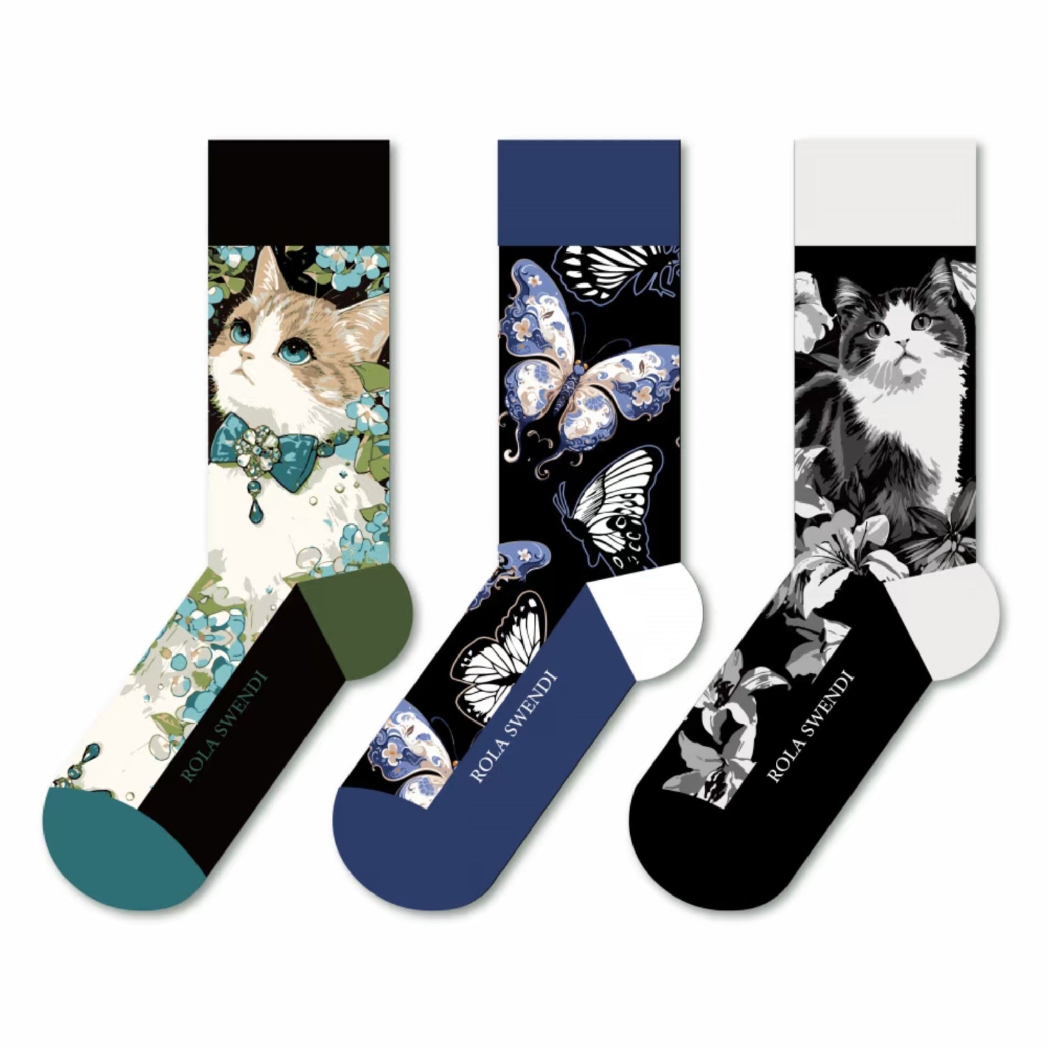 Mo Island 3-Pack Unisex Socks Set, Cat & Butterfly Floral Pattern, Colorful Design, Comfortable Novelty Socks
