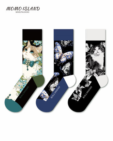 Mo Island 3-Pack Unisex Socks Set, Cat & Butterfly Floral Pattern, Colorful Design, Comfortable Novelty Socks