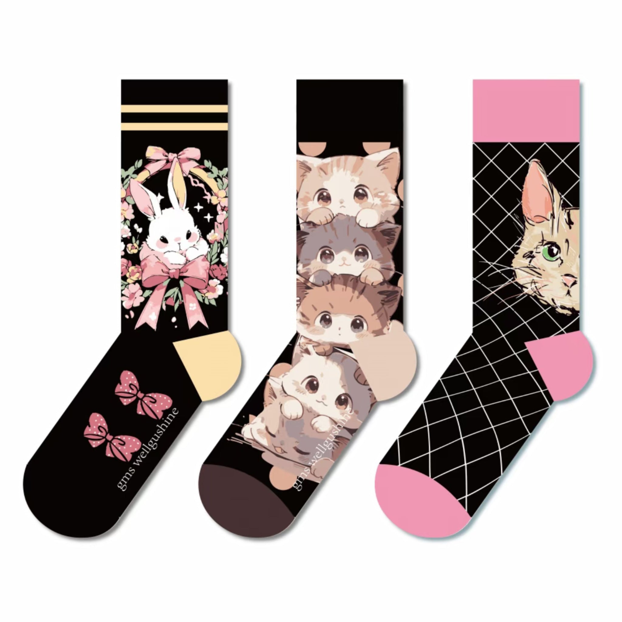 Mo Island 3 - Pack Unisex Socks Set, Cute Bunny & Kitten Patterns, Colorful Design, Comfortable Novelty Socks