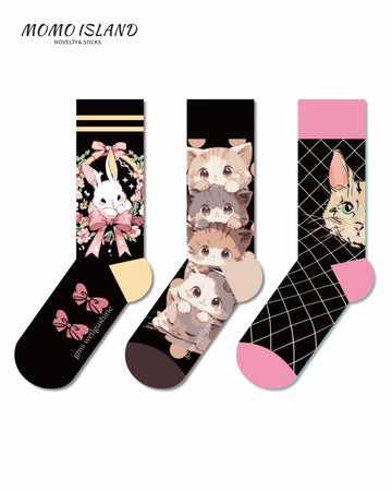 Mo Island 3 - Pack Unisex Socks Set, Cute Bunny & Kitten Patterns, Colorful Design, Comfortable Novelty Socks